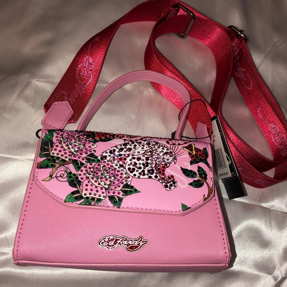 Ed Hardy Pink Multi Faux Leather Top Handle Crossbody Bag Leopard & Floral NWT - Picture 14 of 16